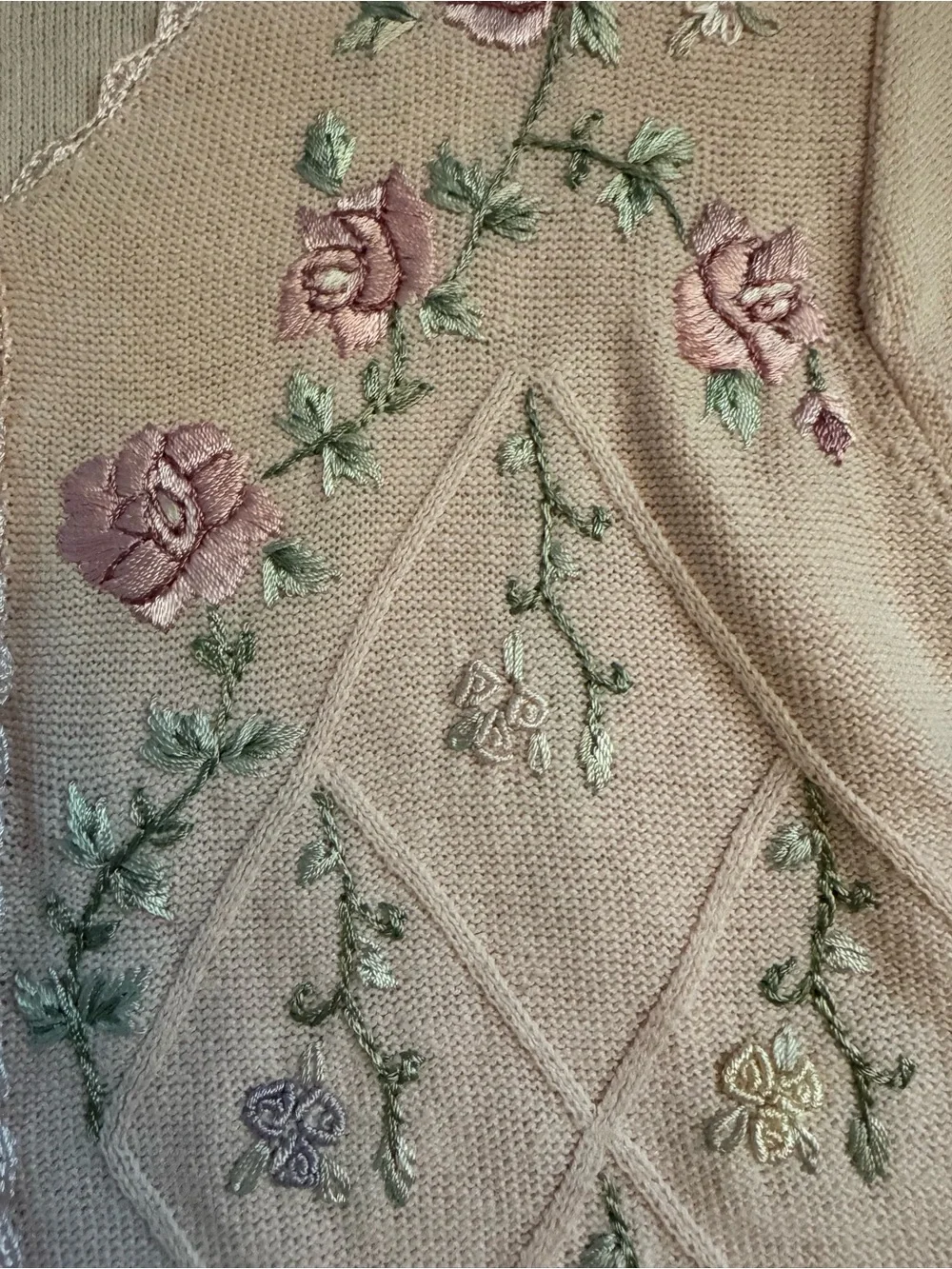 Vintage Bentley Embroidered Floral Ramie Cotton Cardigan Sweater L Cottagecore